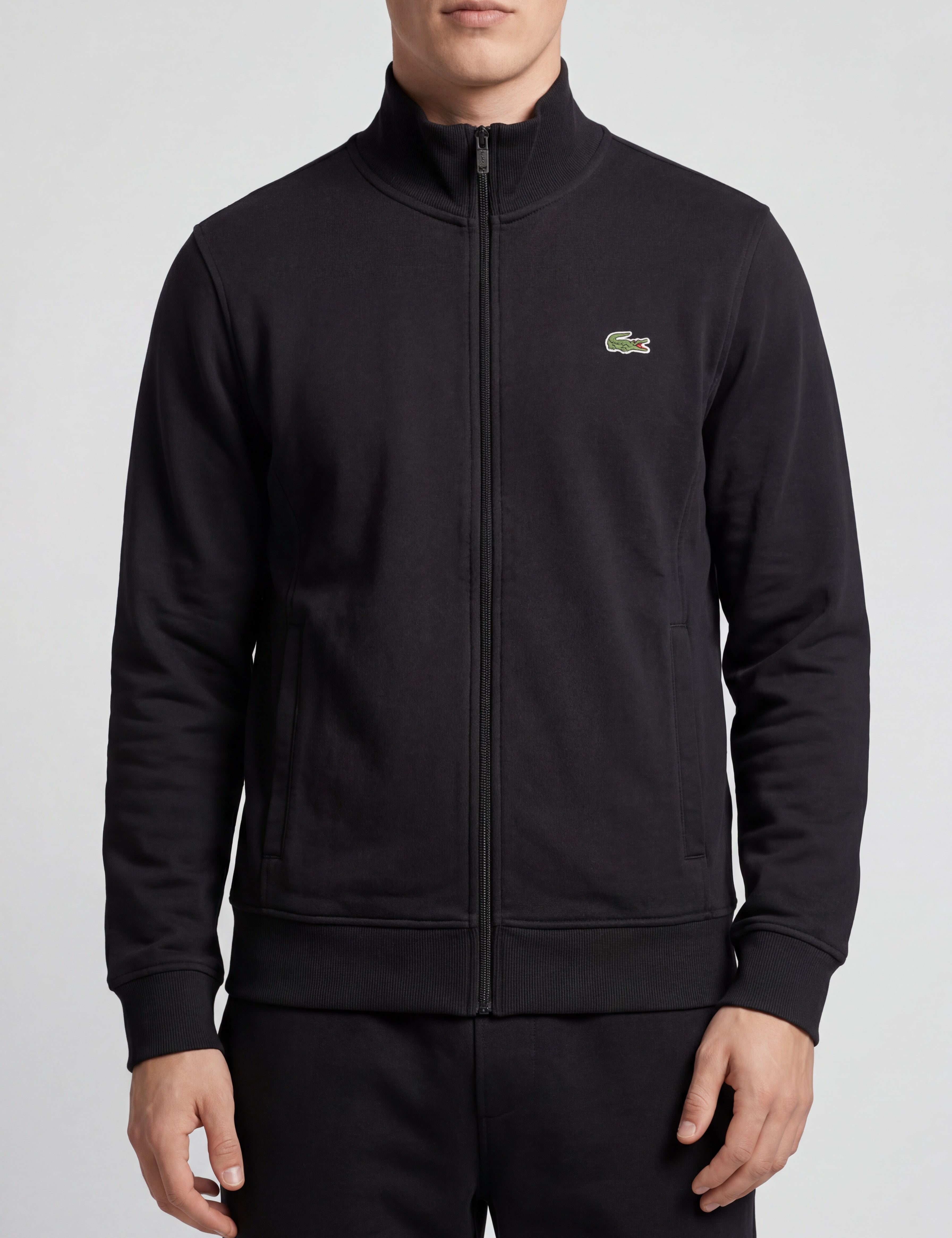 ninesixfits black cotton zip-up track jacket with embroidered green crocodile logo on chest, size S