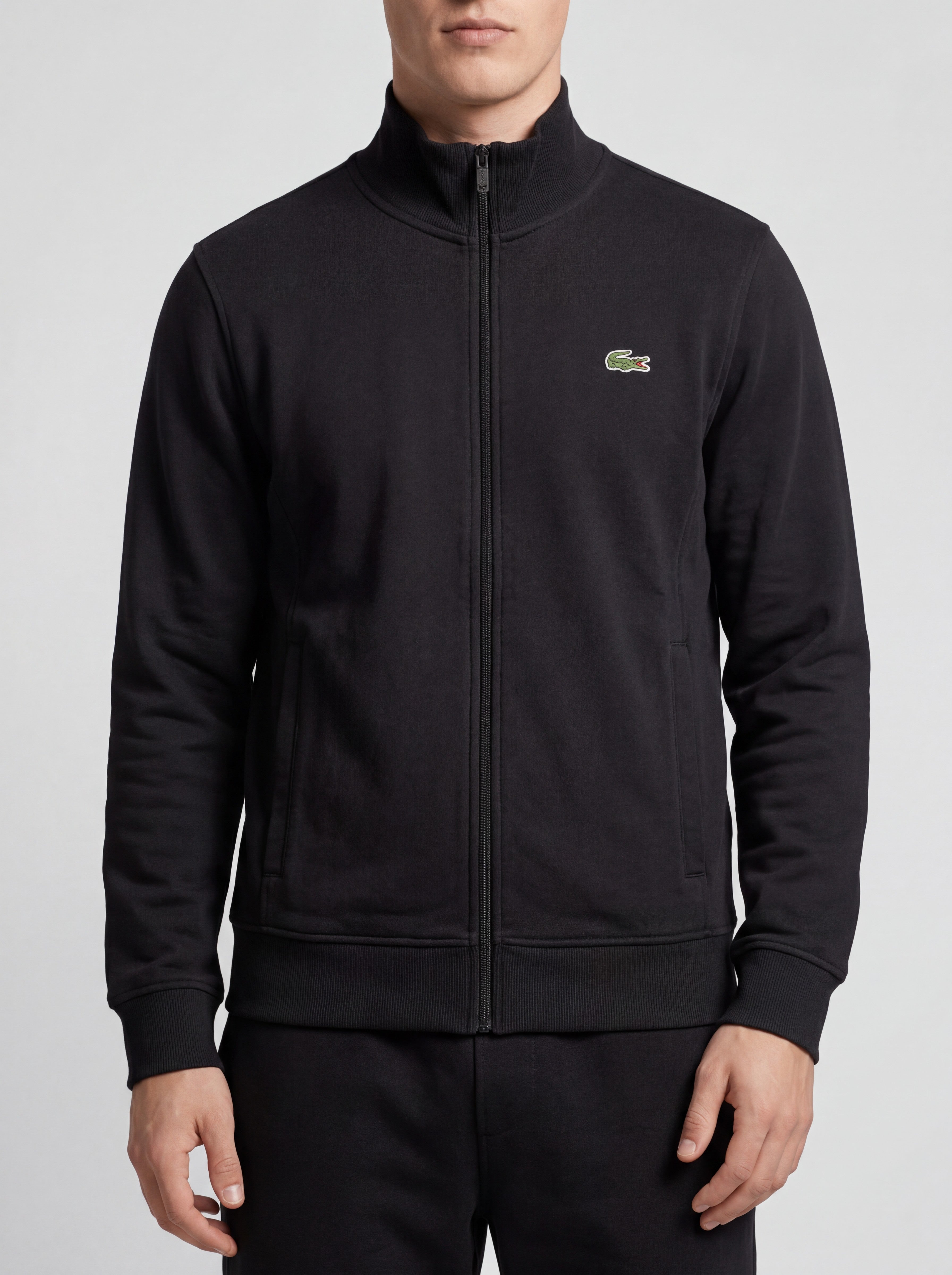ninesixfits black cotton zip-up track jacket with embroidered green crocodile logo on chest, size S