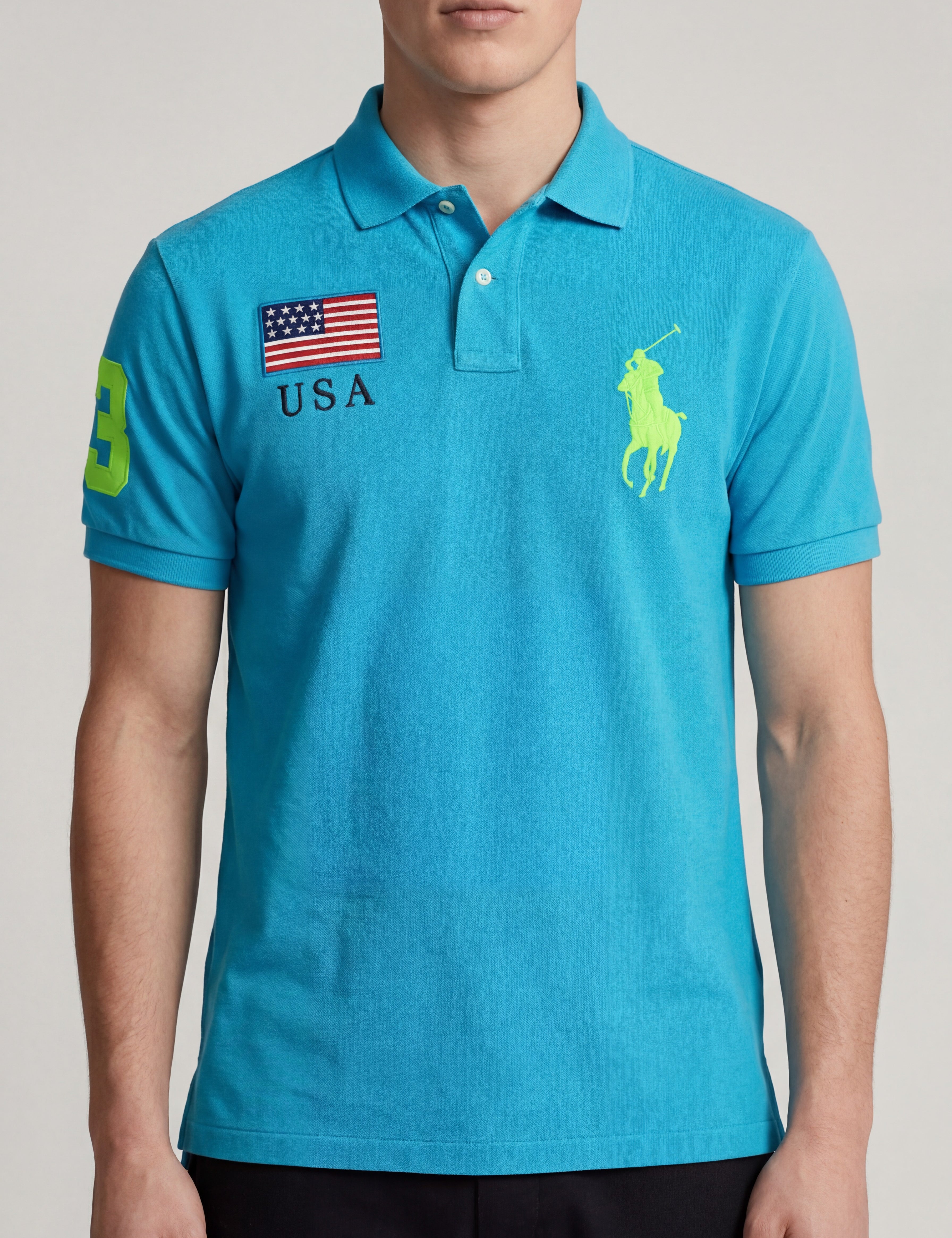 ninesixfits blue cotton Ralph Lauren Big Pony USA polo shirt with neon green accents and USA flag detail.
