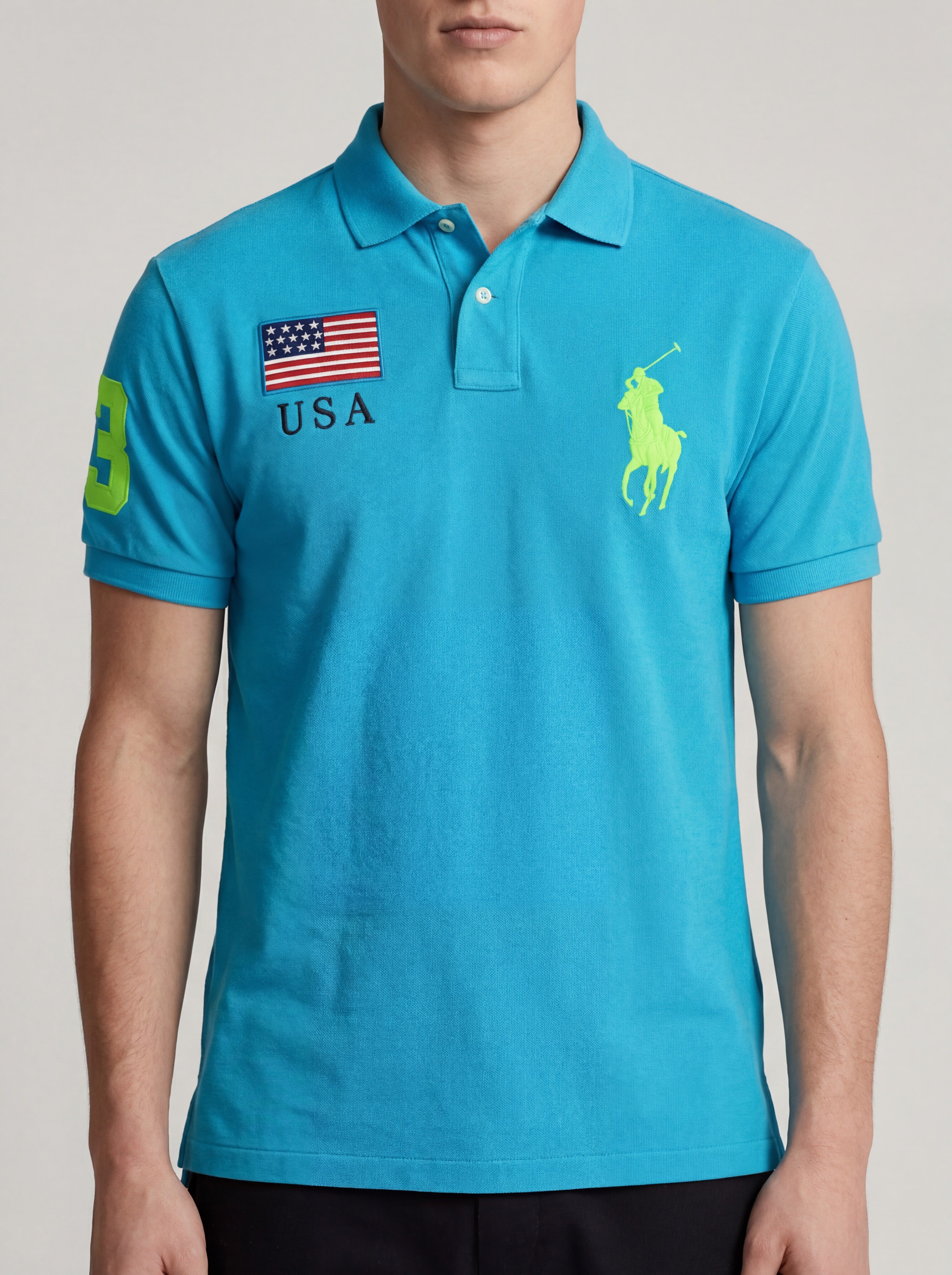 ninesixfits blue cotton Ralph Lauren Big Pony USA polo shirt with neon green accents and USA flag detail.