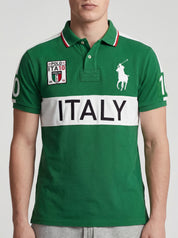 ninesixfits green and white Ralph Lauren Big Pony polo shirt with "ITALY" text and "0" on sleeves.