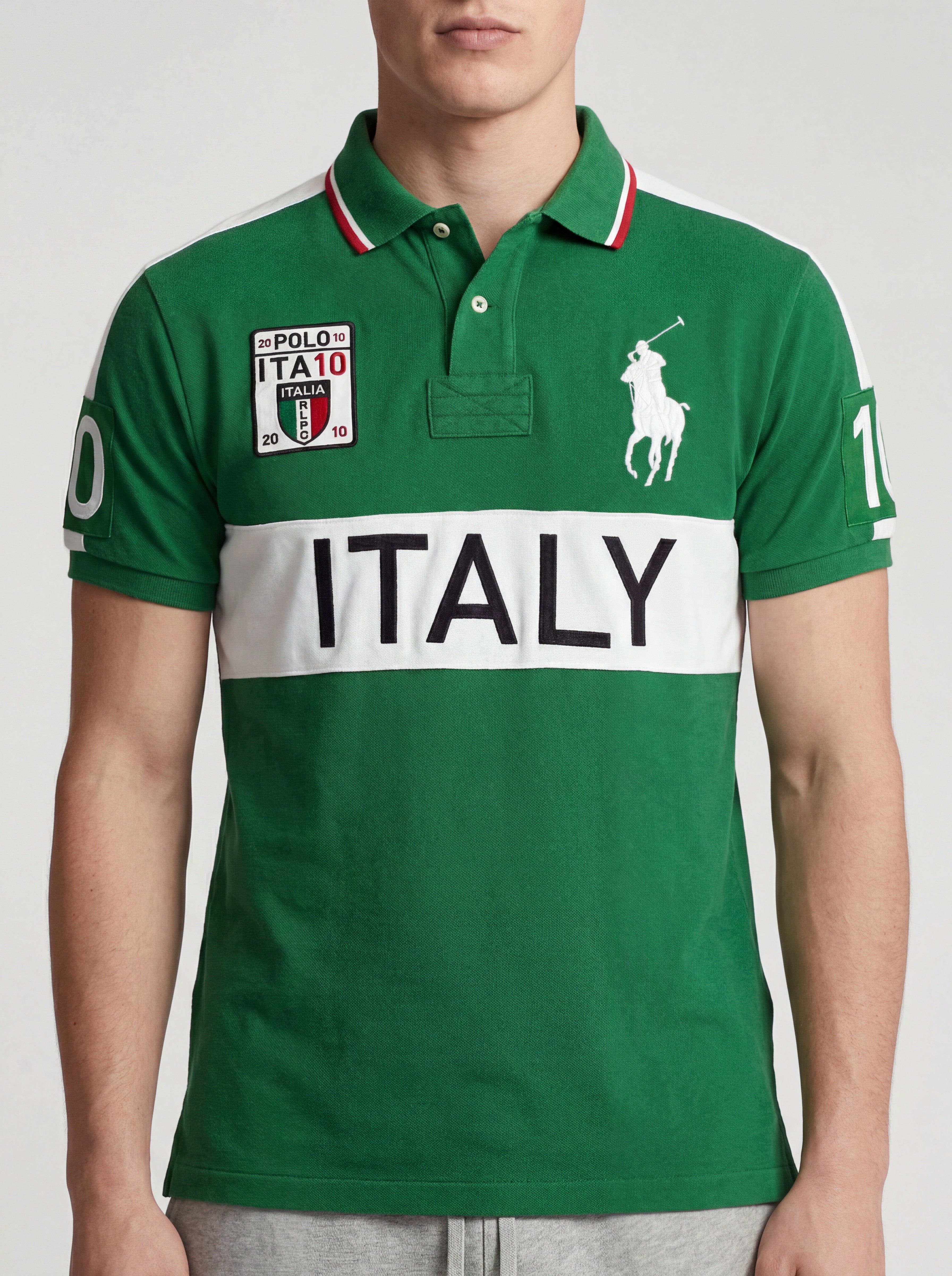 ninesixfits green and white Ralph Lauren Big Pony polo shirt with "ITALY" text and "0" on sleeves.