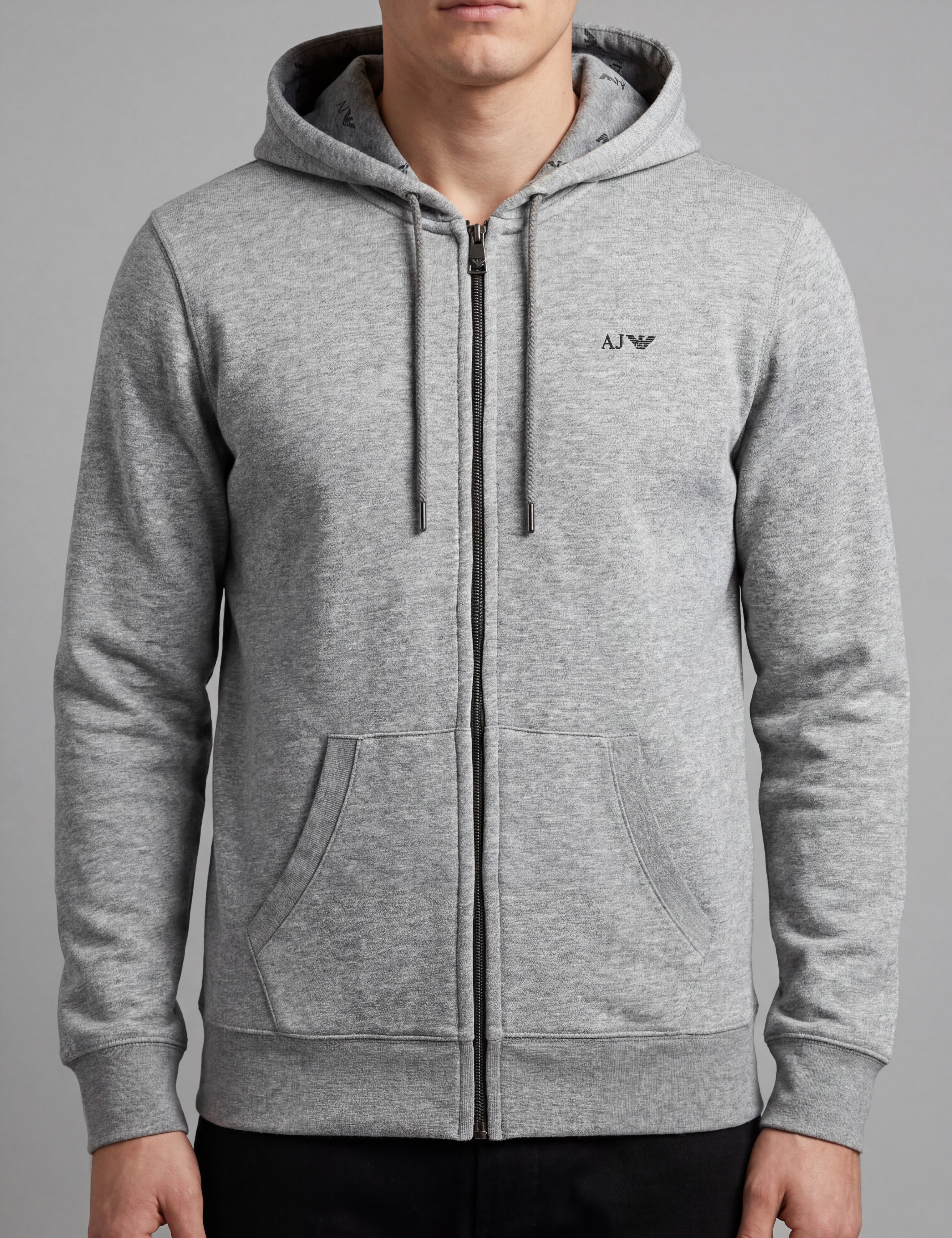 ninesixfits grey marl cotton blend Armani Exchange zip-up hoodie with AJ logo detail and all-over AJ print on hood lining.