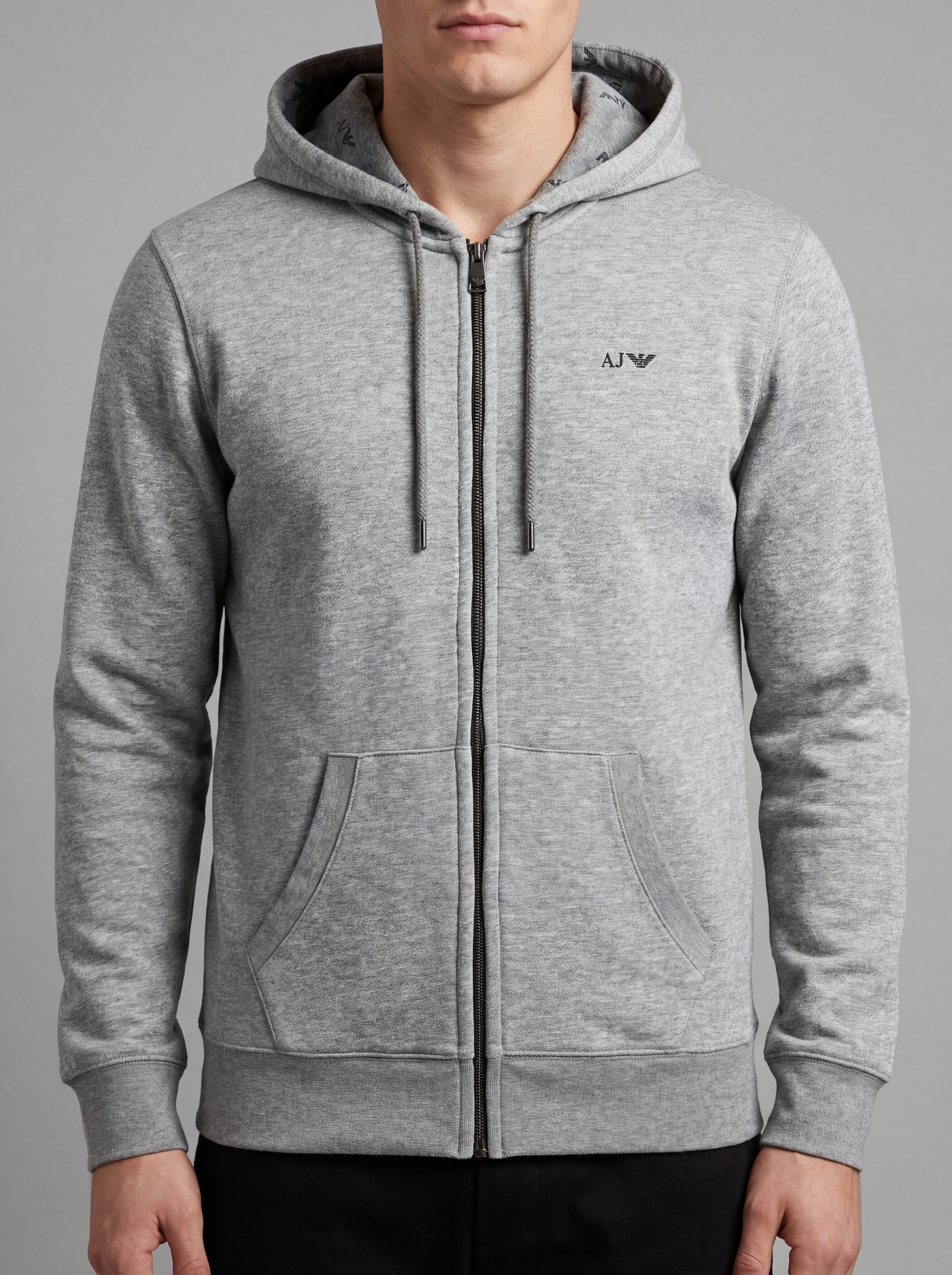 ninesixfits grey marl cotton blend Armani Exchange zip-up hoodie with AJ logo detail and all-over AJ print on hood lining.