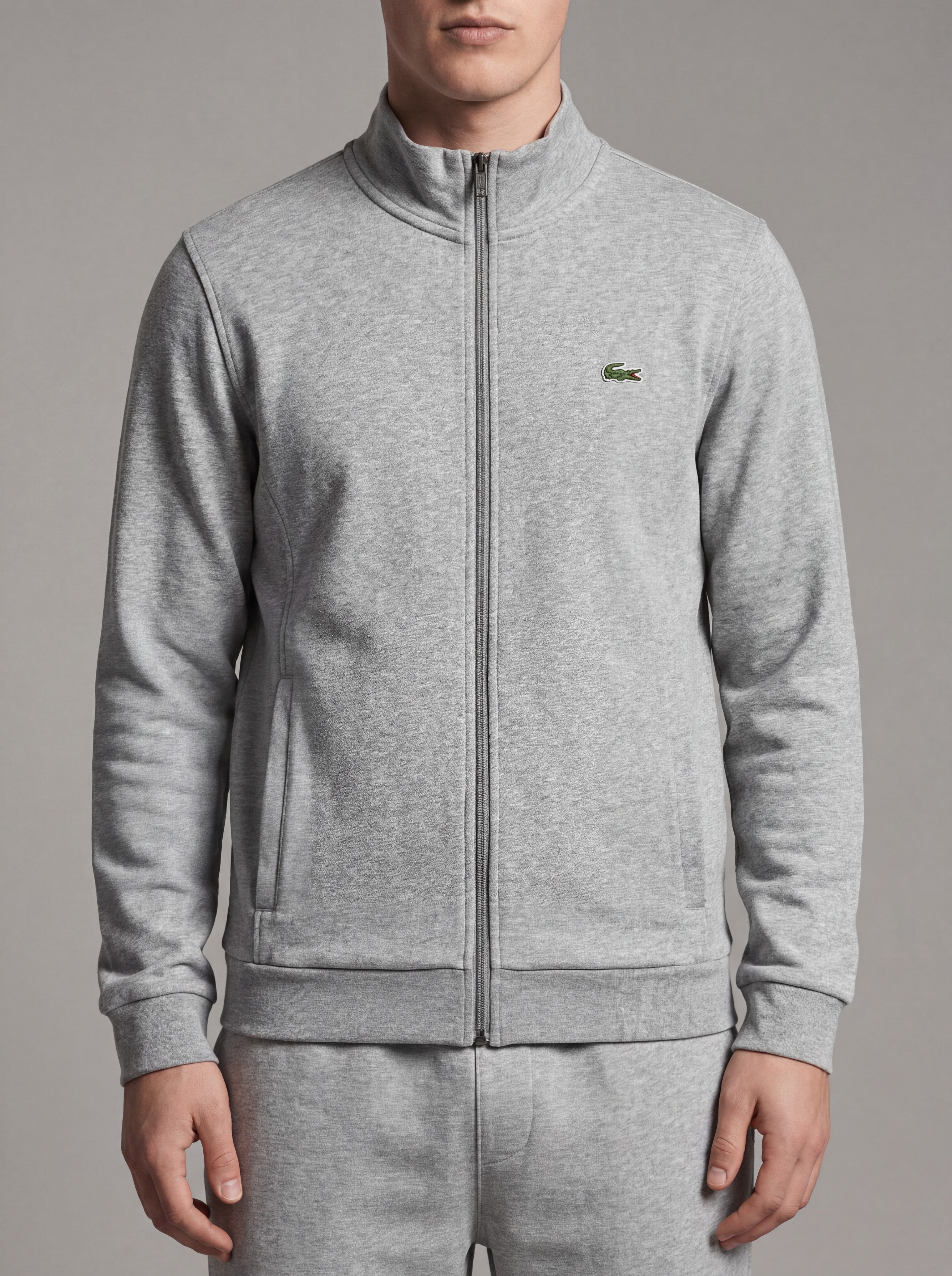 ninesixfits grey cotton blend full-zip track jacket with mock neck and green crocodile logo on chest.