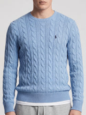 Light blue Ralph Lauren cable knit sweater with crew neck and embroidered pony logo. Size L.