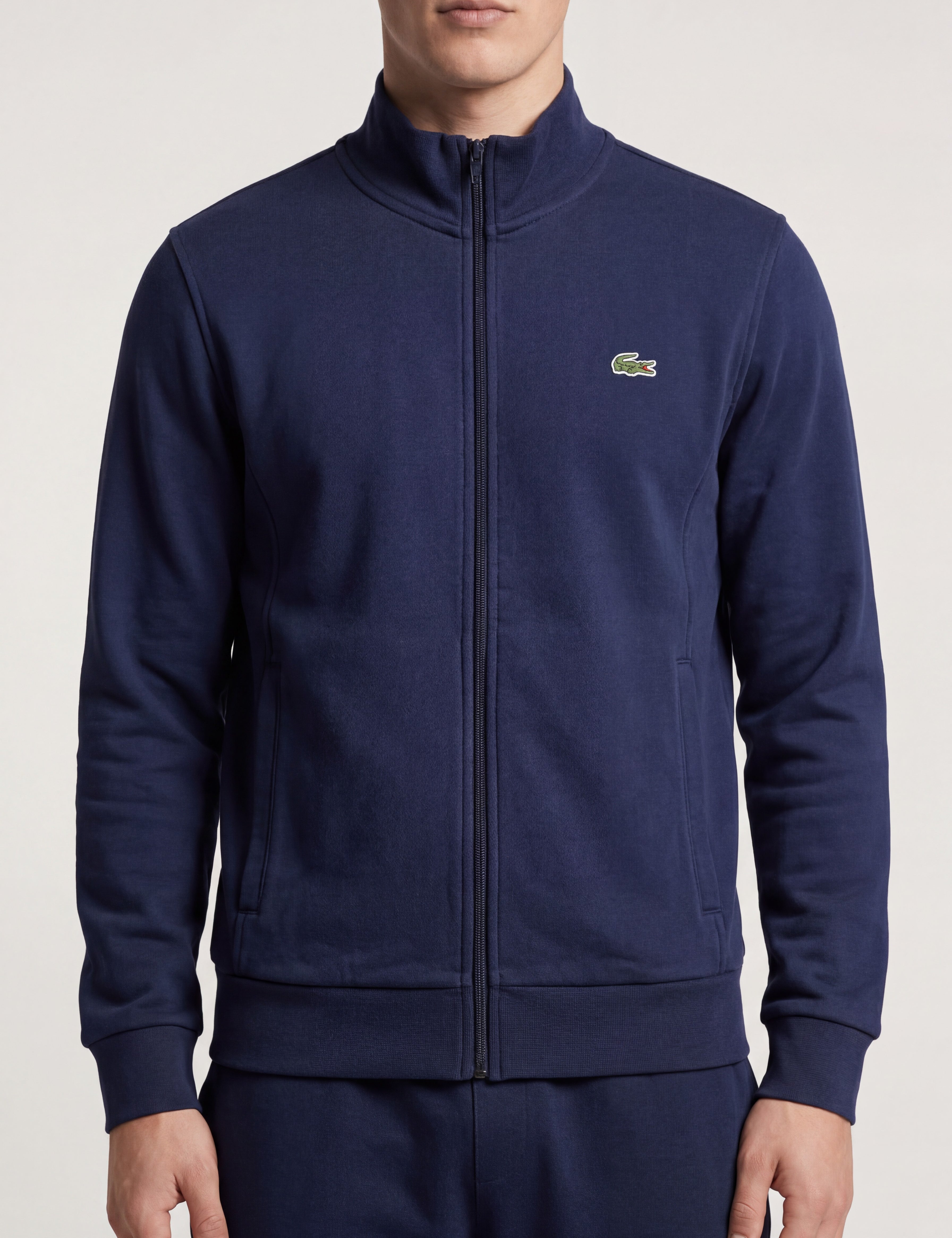 ninesixfits navy blue cotton zip-up jacket with embroidered green crocodile logo on chest, size S