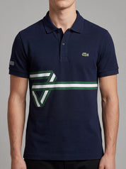 ninesixfits navy blue cotton slim fit polo shirt with green and white stripe detail and embroidered crocodile logo.
