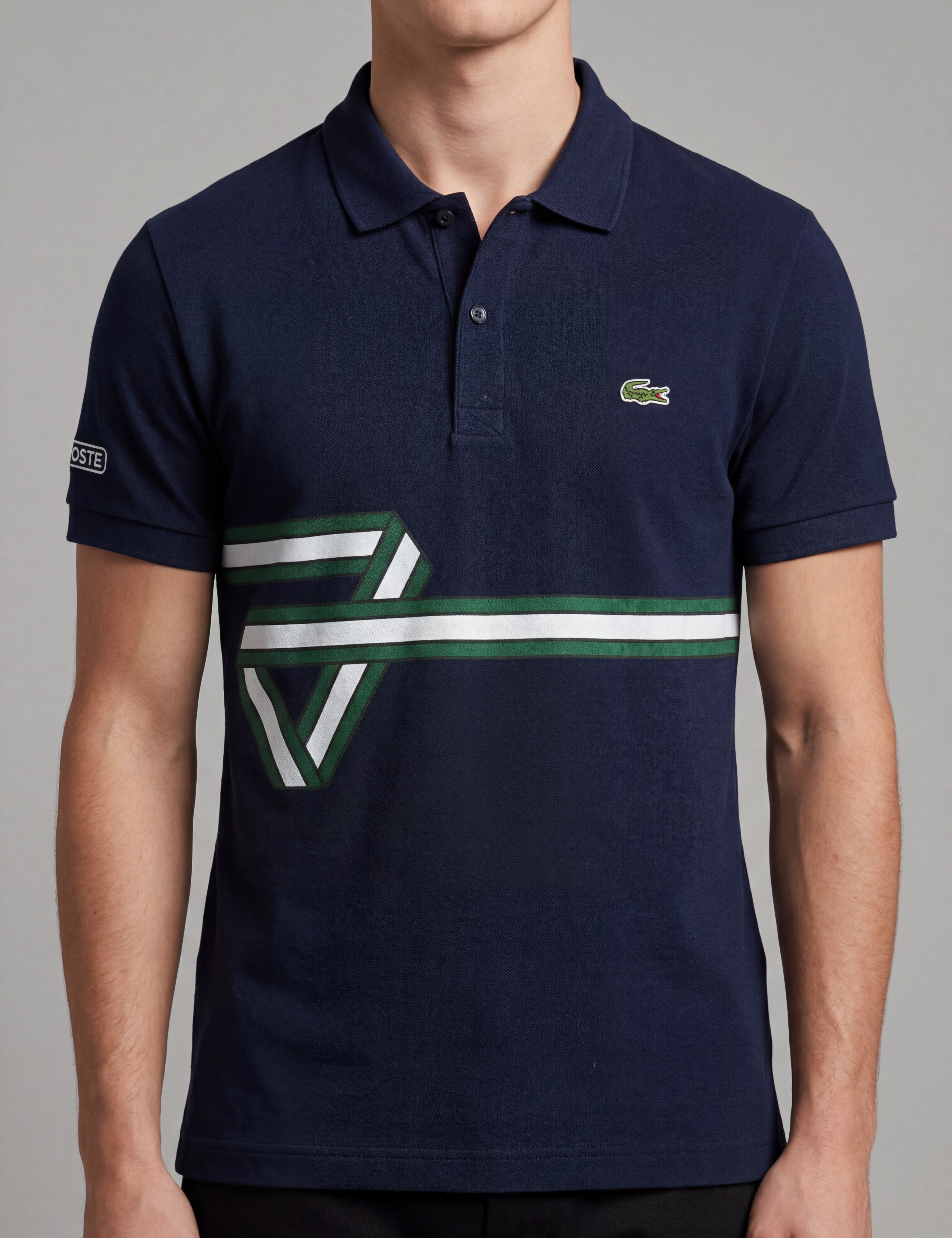ninesixfits navy blue cotton slim fit polo shirt with green and white stripe detail and embroidered crocodile logo.