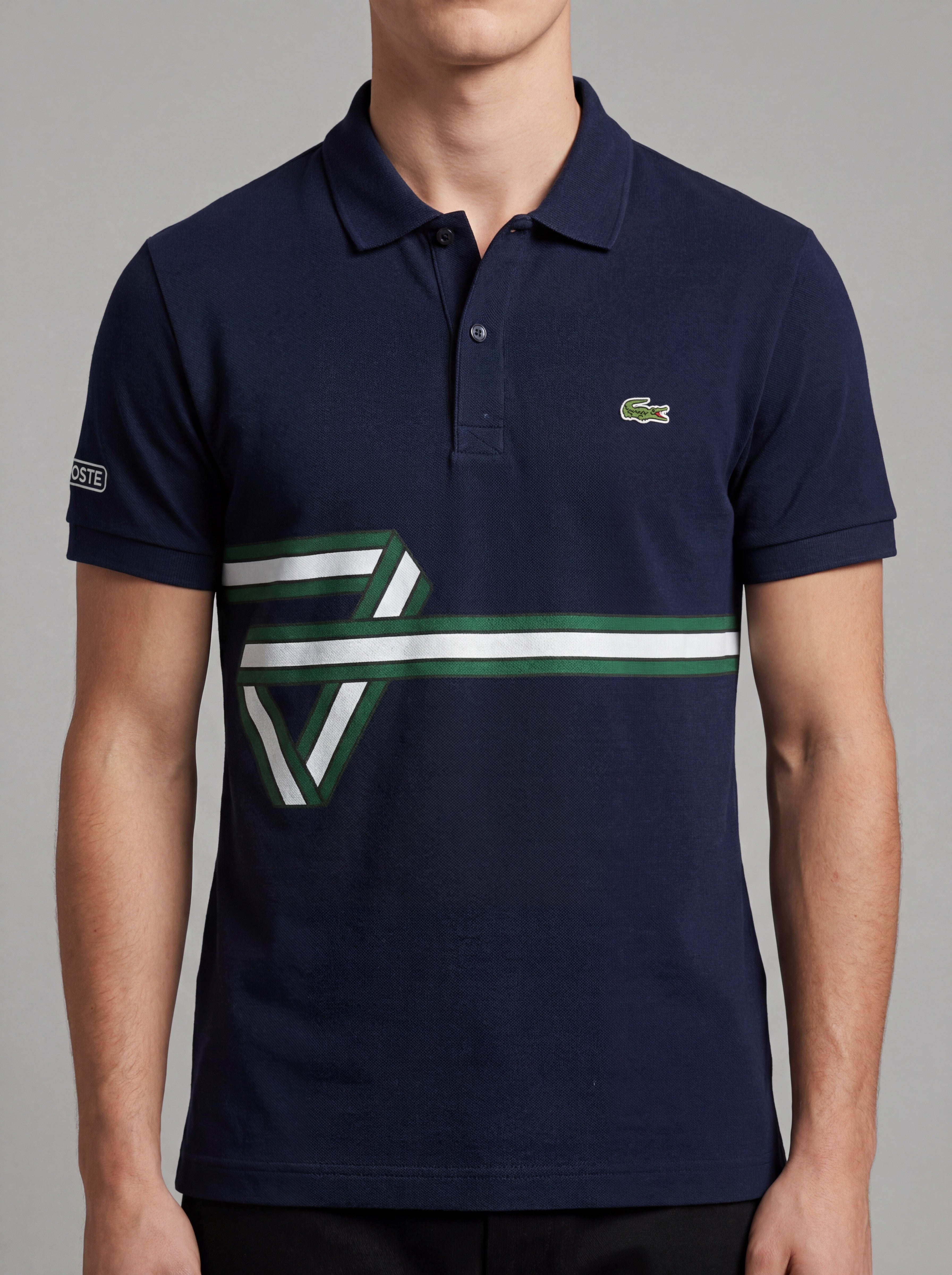 ninesixfits navy blue cotton slim fit polo shirt with green and white stripe detail and embroidered crocodile logo.
