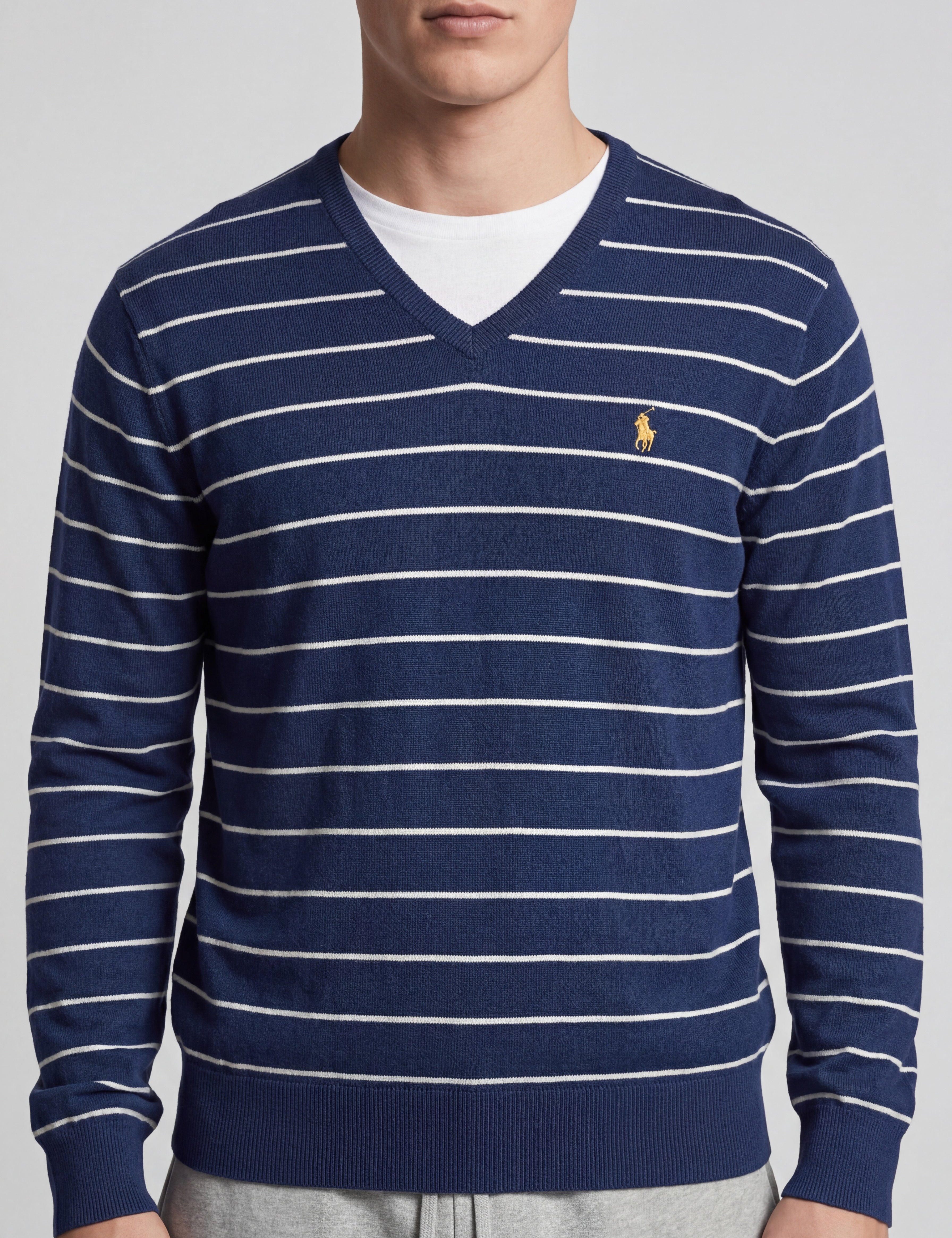 ninesixfits navy blue and white striped V-neck sweater with yellow Polo Ralph Lauren logo on chest, size S.