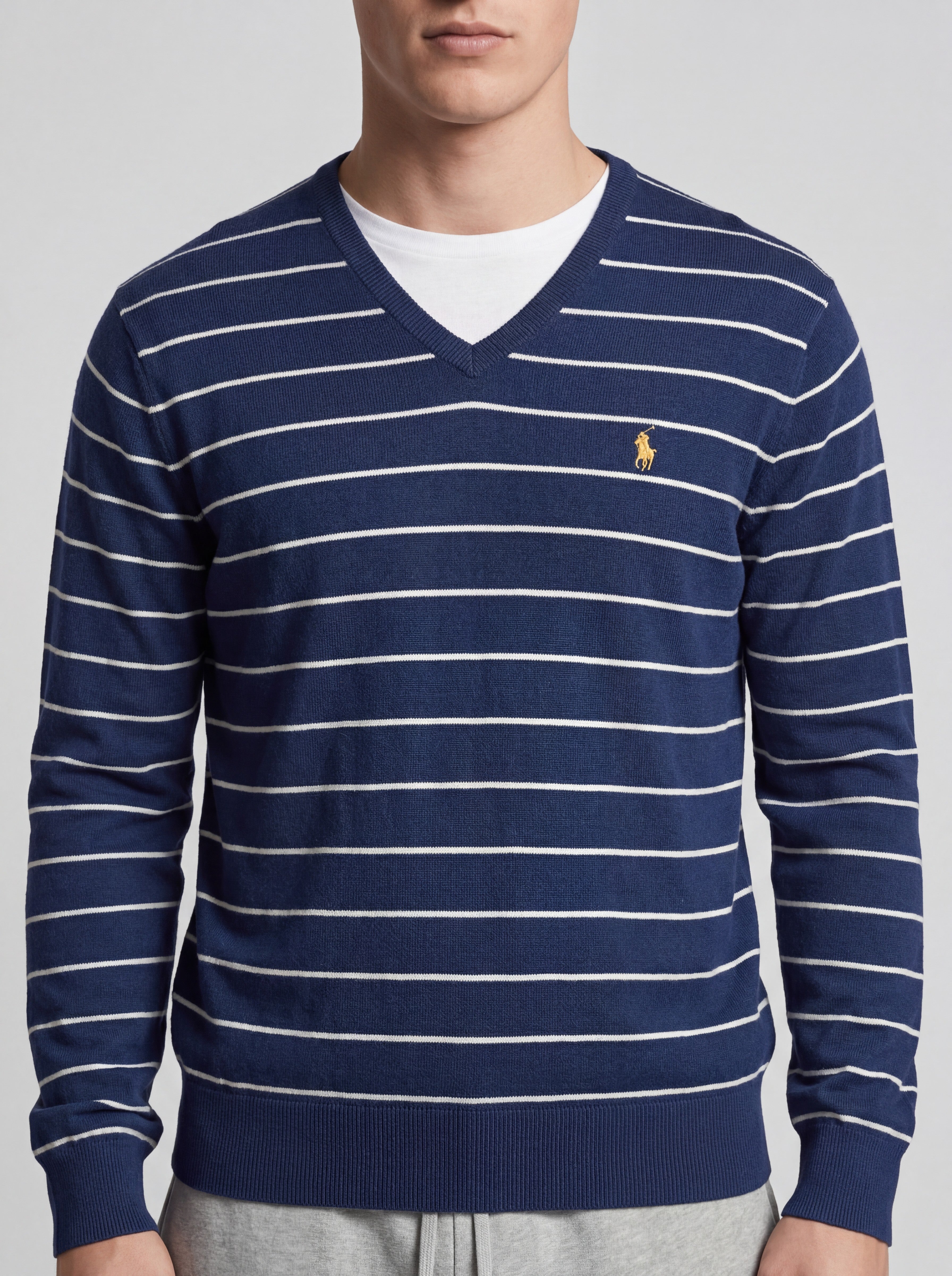 ninesixfits navy blue and white striped V-neck sweater with yellow Polo Ralph Lauren logo on chest, size S.