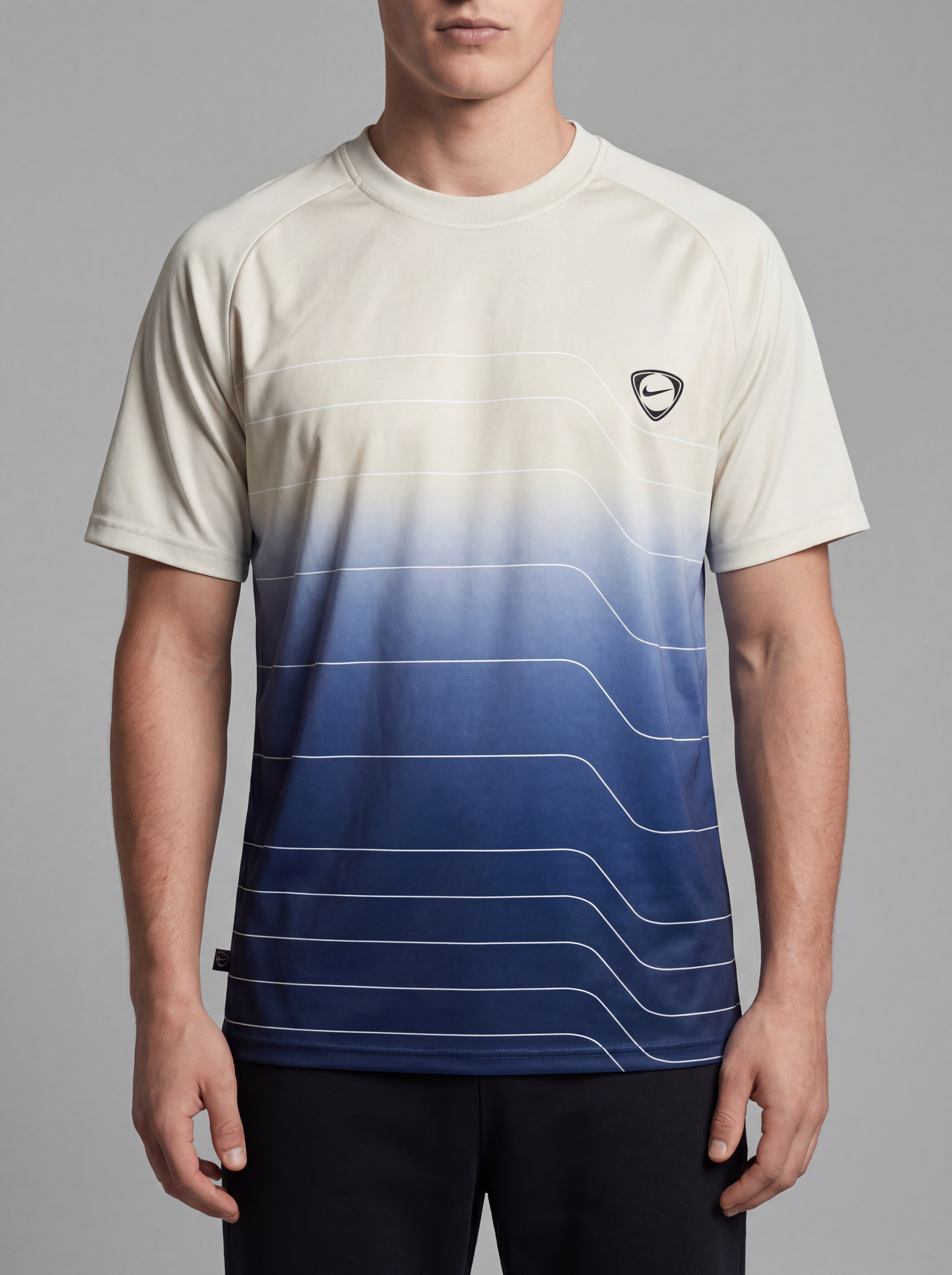 ninesixfits vintage Nike t-shirt in size L, featuring a gradient of cream to navy blue with white curved line details and a small Nike logo.