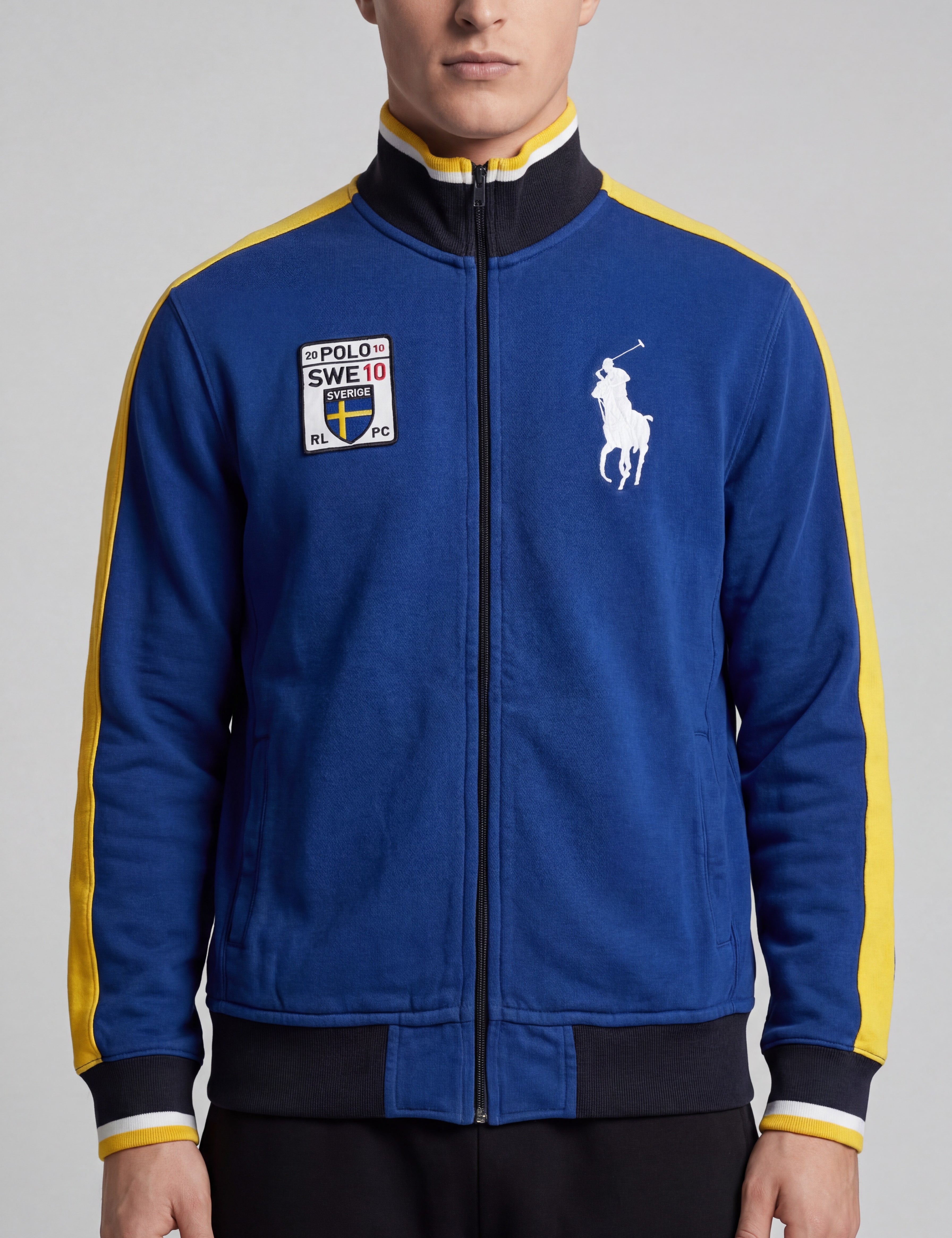 ninesixfits blue Ralph Lauren zip jacket with yellow stripes on sleeves and Sweden Polo 10 patch