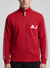 ninesixfits red Armani vintage zip jacket with white AJ logo and white stripes on sleeves.