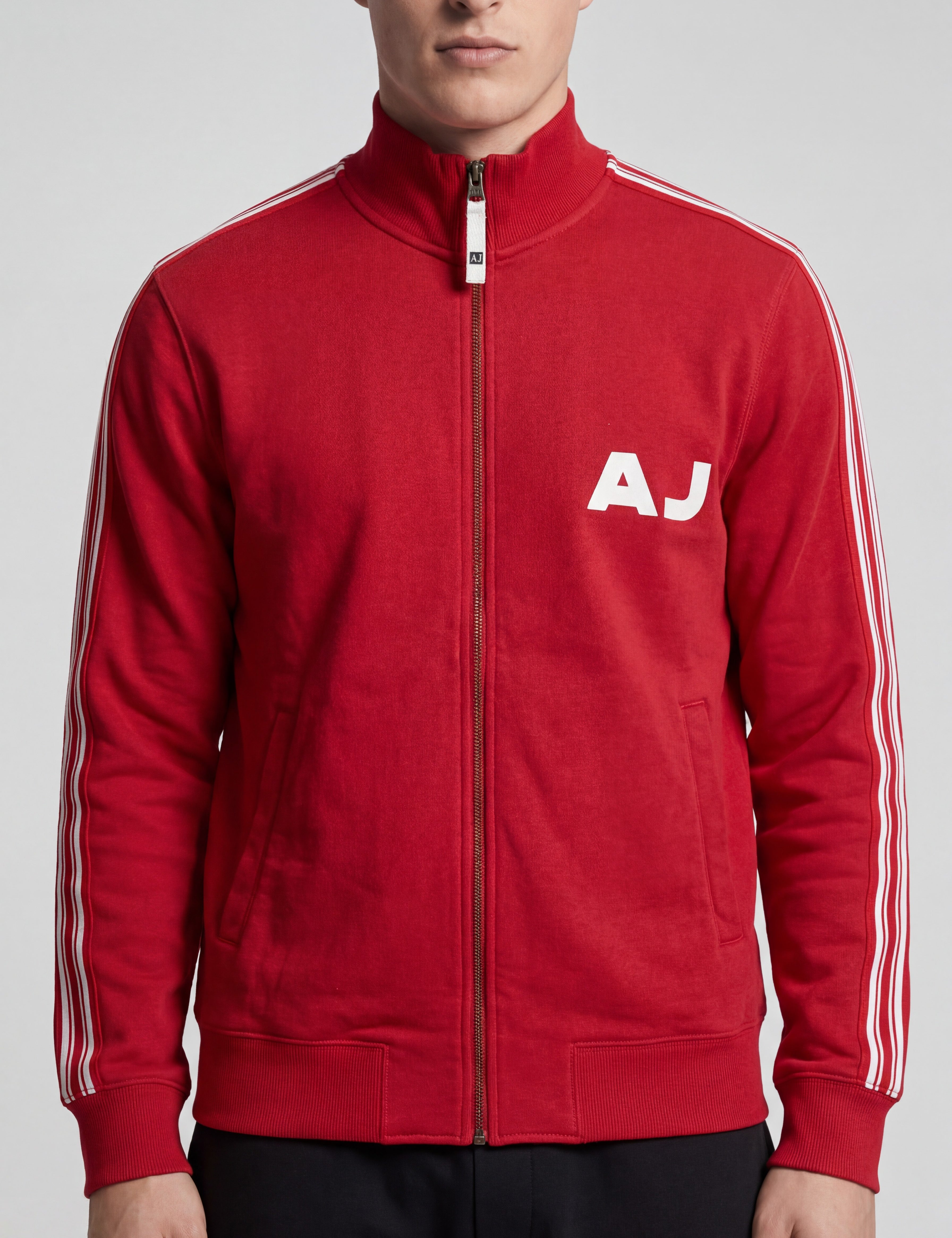 ninesixfits red Armani vintage zip jacket with white AJ logo and white stripes on sleeves.