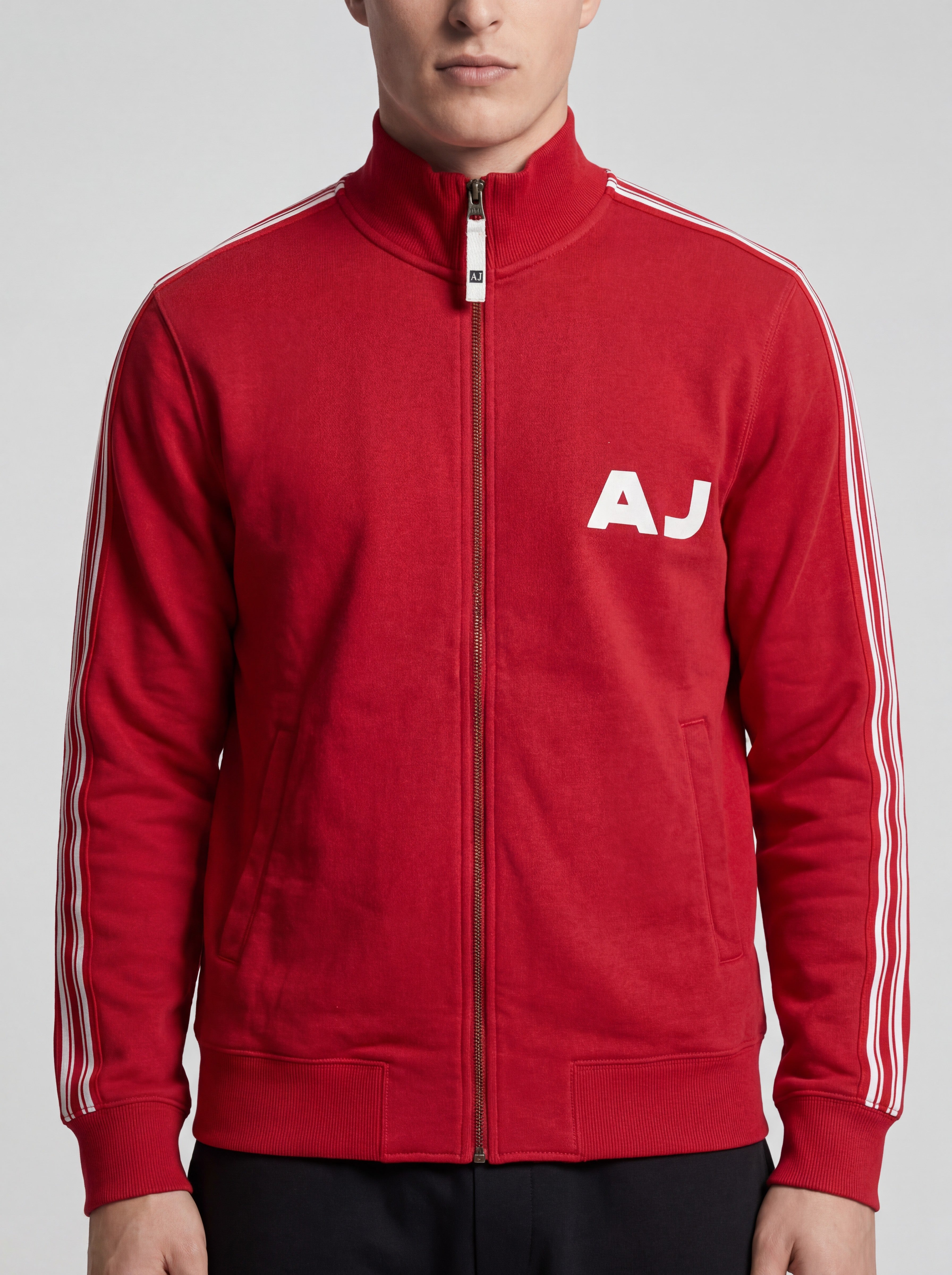 ninesixfits red Armani vintage zip jacket with white AJ logo and white stripes on sleeves.