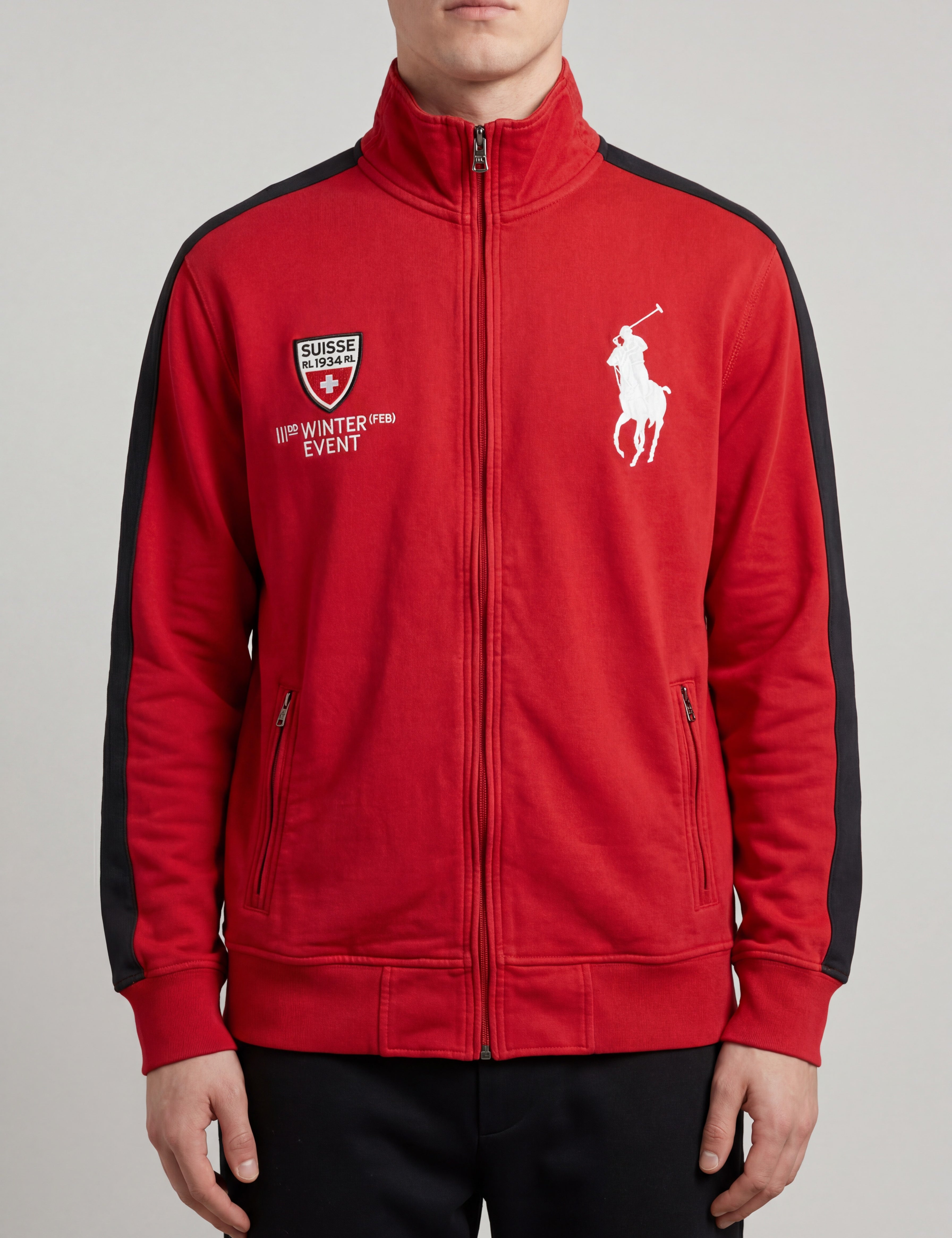 Red Ralph Lauren track jacket with black sleeves, white Big Pony logo, and Swiss event patch. Zipper closure, two zip pockets.