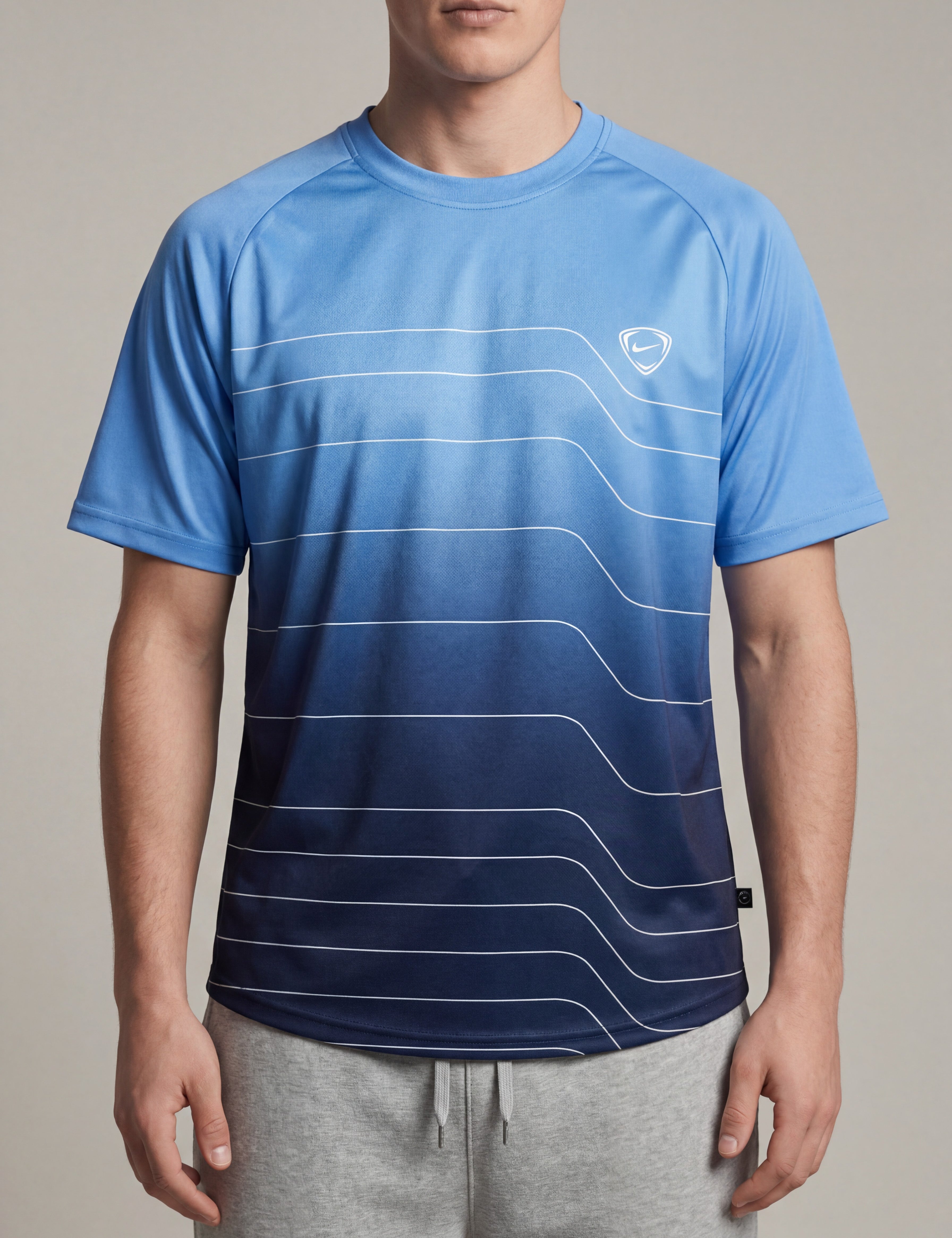 ninesixfits vintage Nike t-shirt in size L, featuring a blue gradient with white wavy lines and a small Nike logo.