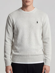 ninesixfits white crewneck knit sweater with embroidered navy blue polo player logo on chest, size L.