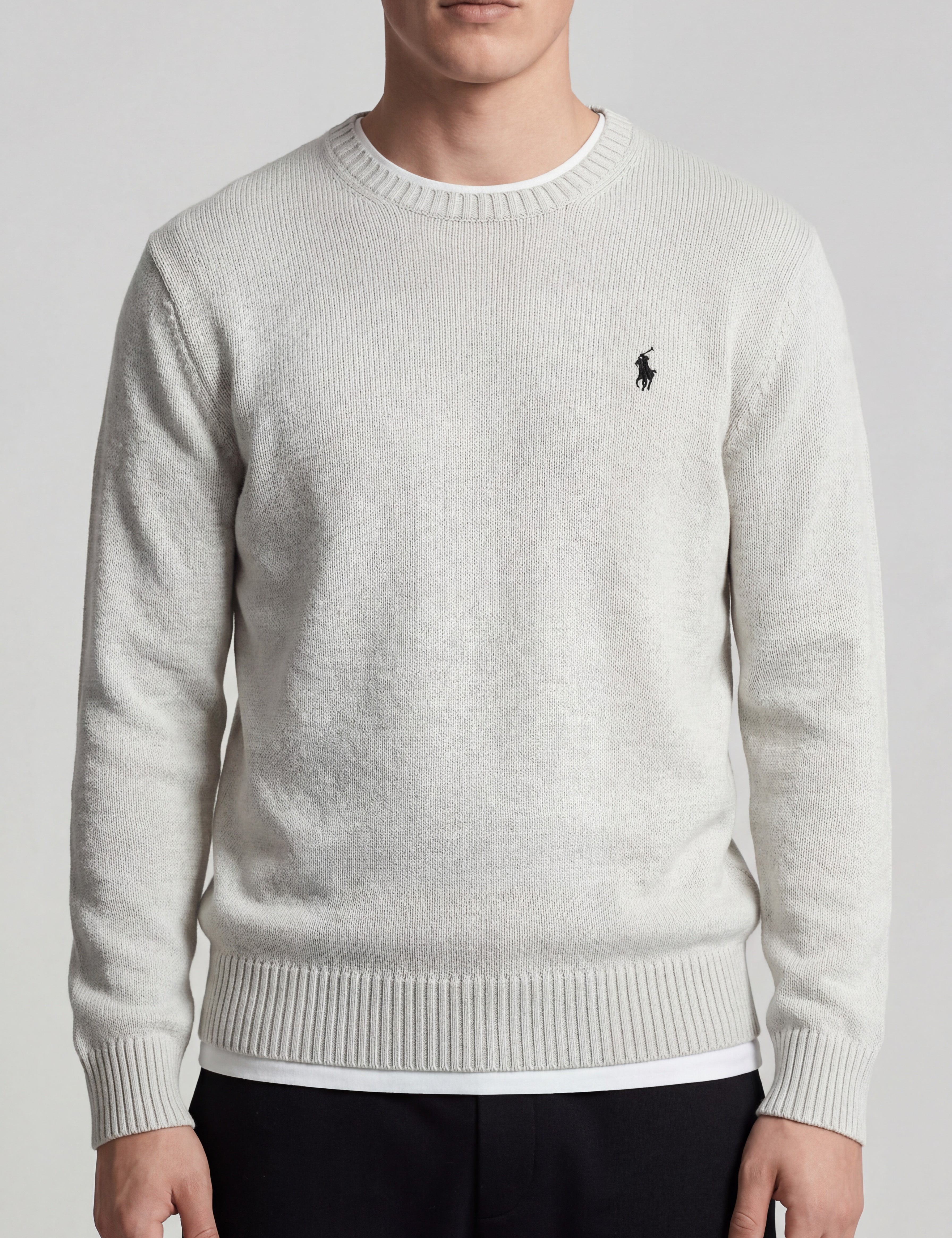 ninesixfits white crewneck knit sweater with embroidered navy blue polo player logo on chest, size L.
