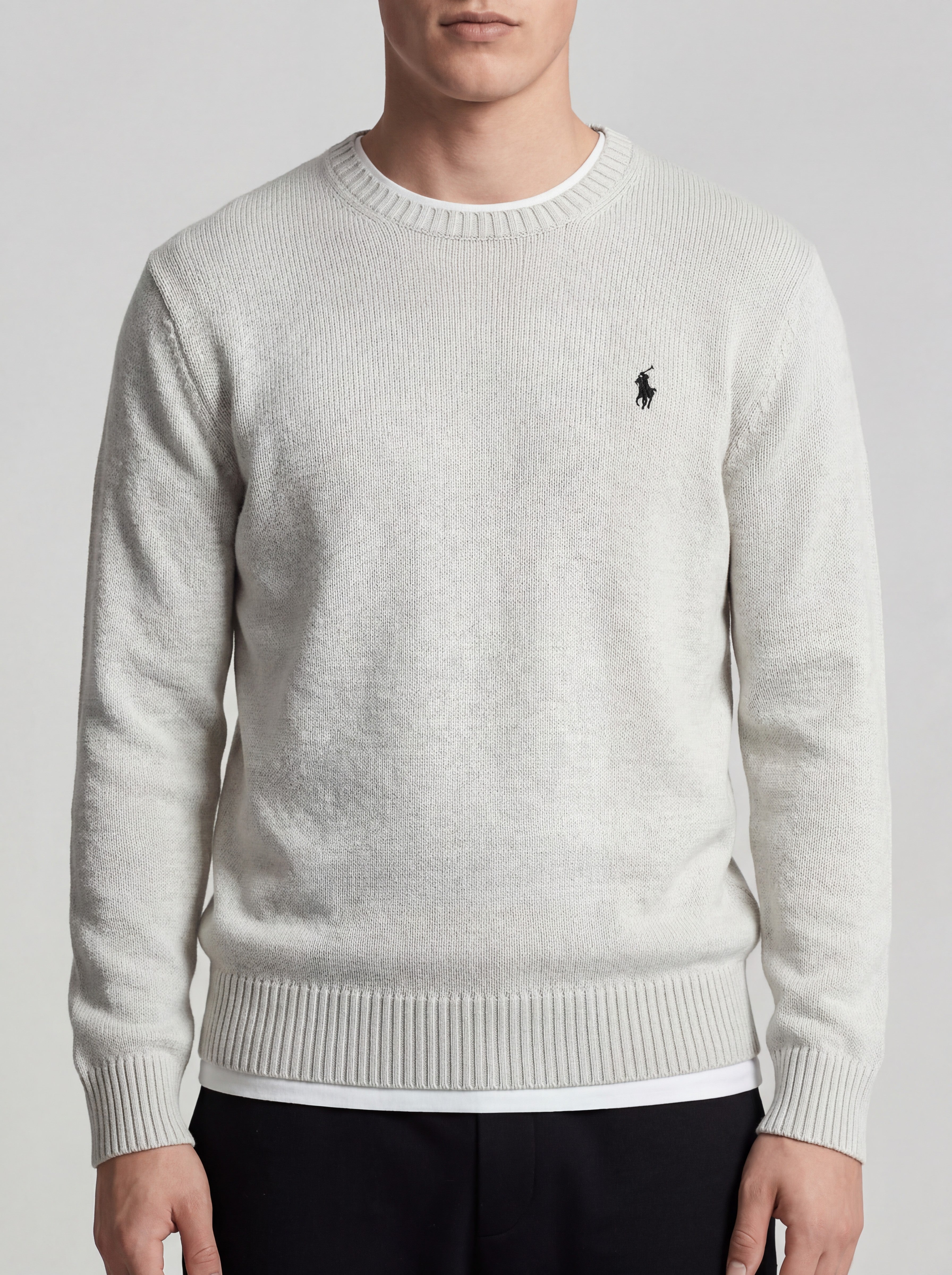 ninesixfits white crewneck knit sweater with embroidered navy blue polo player logo on chest, size L.